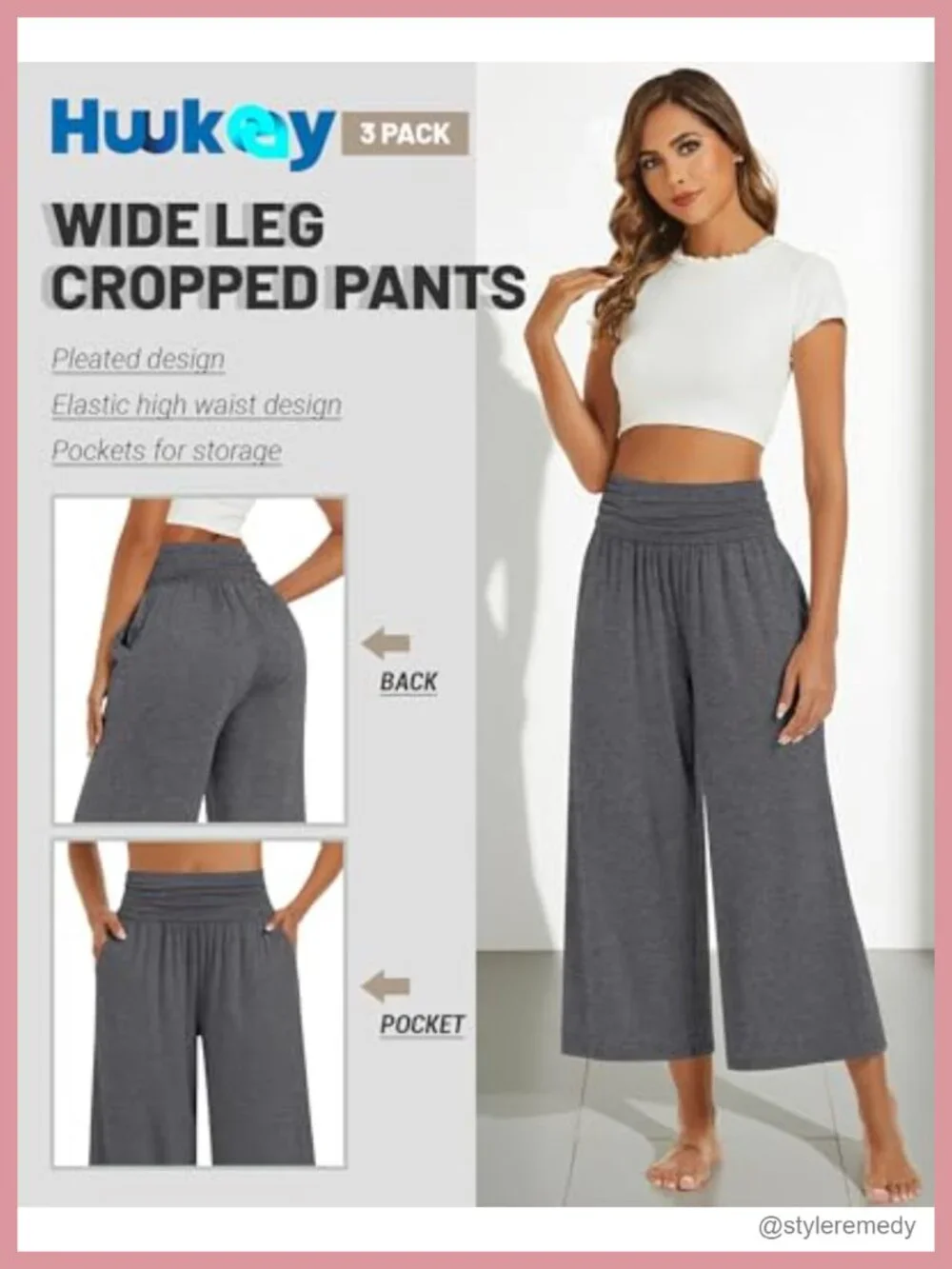 Wide Leg Capri Pants High Waist Pleated Yoga Lounge 3 Pack